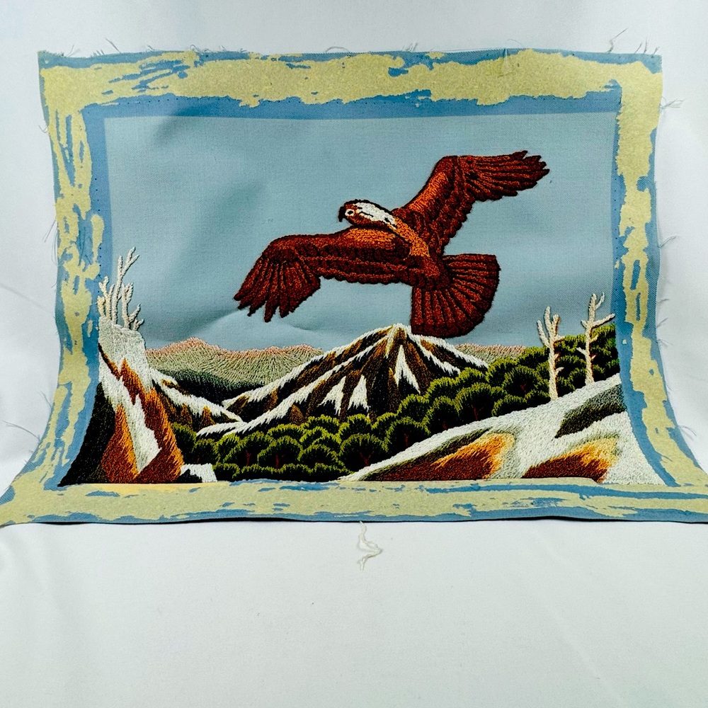 Vintage Needlepoint Crewel Bald Eagle Mountain Landscape Art 16x12 Patriotic